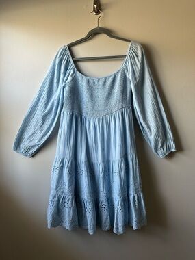 Area Stars Eyelet Trim Tiered Mini Dress Smocked Powder Blue Babydoll Dress Sz L